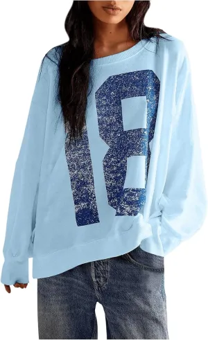 Milumia Women's Number Graphic Tee Tshirt Long Sleeve Crew Neck Sweatshirt Oversized Pullovers