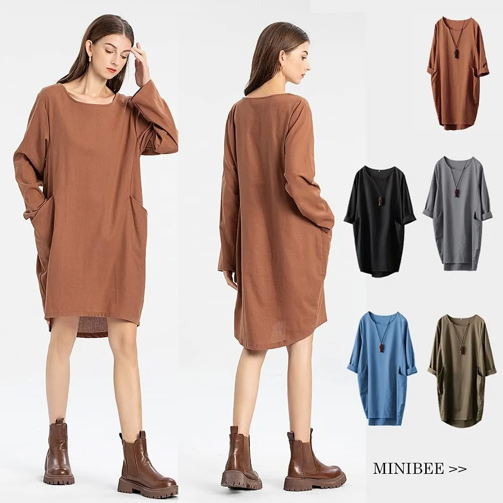 Minibee Women's Oversized Tunic Dress Long Sleeve Loose Baggy Tshirt Tops with Pockets