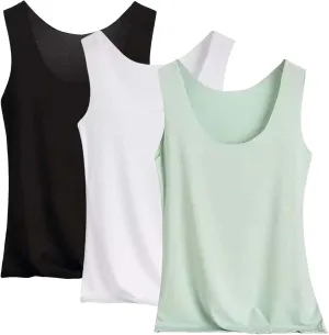 Miyaomn 3PC Ice Silk Tank Tops for Women Scoop Neck Modal Camisole Basic Seamless Sleeveless Stretch Yoga Camis Undershirts