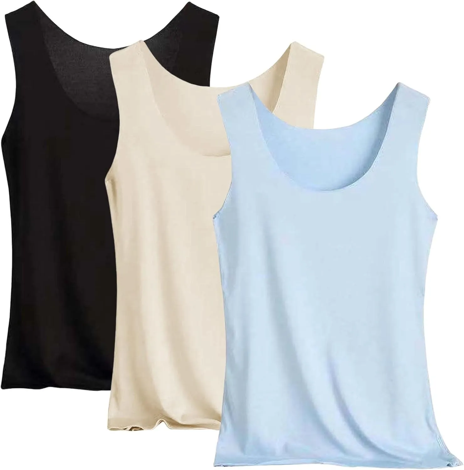 Miyaomn 3PC Ice Silk Tank Tops for Women Scoop Neck Modal Camisole Basic Seamless Sleeveless Stretch Yoga Camis Undershirts
