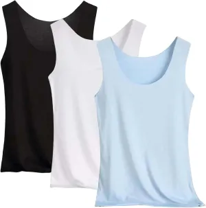 Miyaomn 3PC Ice Silk Tank Tops for Women Scoop Neck Modal Camisole Basic Seamless Sleeveless Stretch Yoga Camis Undershirts
