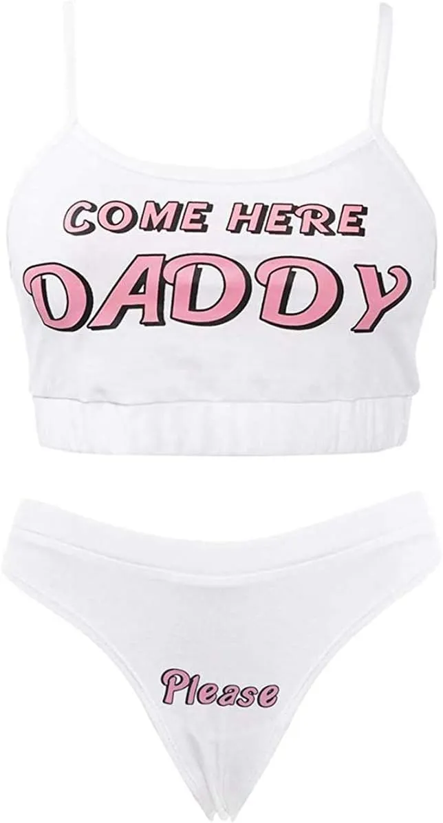 Multitrust Sexy Women Come Here Daddy Please Strappy Lingerie Set 2PCS Slutty Underwear Tank Tops and Panty Pajamas Sleepwear