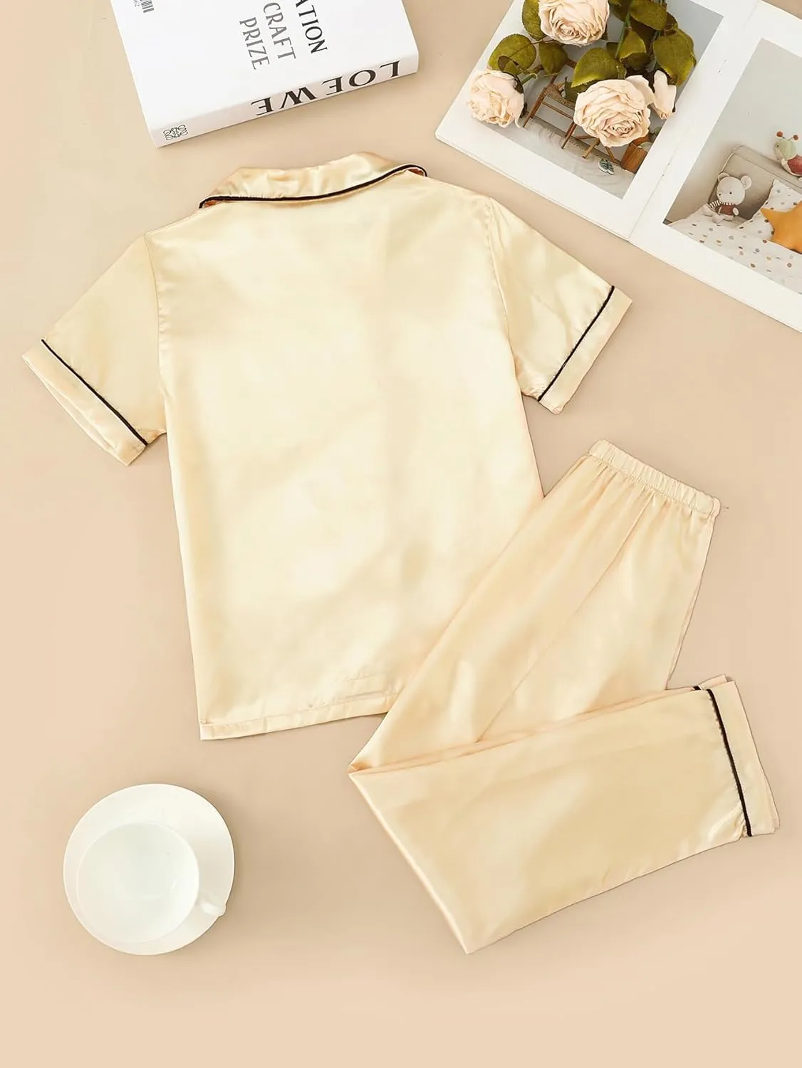 MyFav Pajama Set for Girls Button Down Silky Kids Sleepwear Nightwear Loungewear Clothes Set