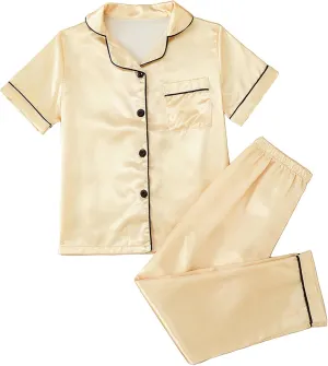 MyFav Pajama Set for Girls Button Down Silky Kids Sleepwear Nightwear Loungewear Clothes Set