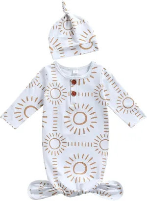 Newborn Baby Boy Girl Knotted Gowns Long Sleeve Printed Sleeping Bag Coming Home Outfit Nightgown Pajamas Hat Set