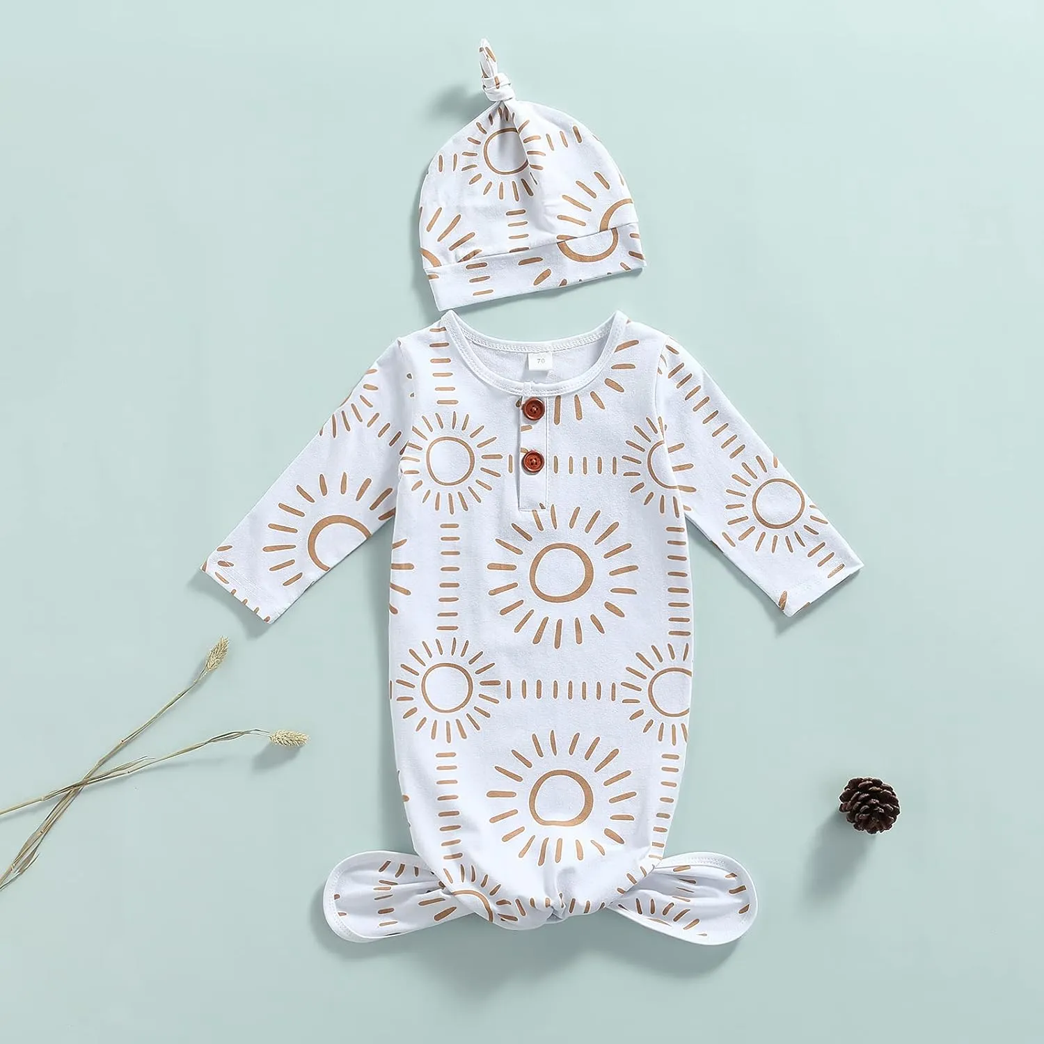 Newborn Baby Boy Girl Knotted Gowns Long Sleeve Printed Sleeping Bag Coming Home Outfit Nightgown Pajamas Hat Set