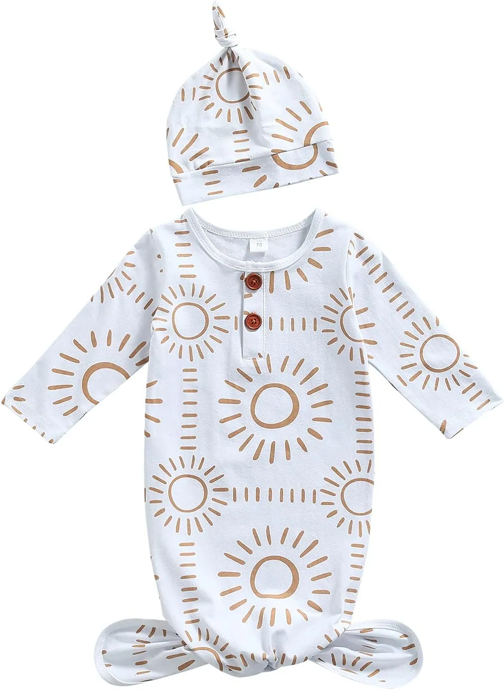 Newborn Baby Boy Girl Knotted Gowns Long Sleeve Printed Sleeping Bag Coming Home Outfit Nightgown Pajamas Hat Set