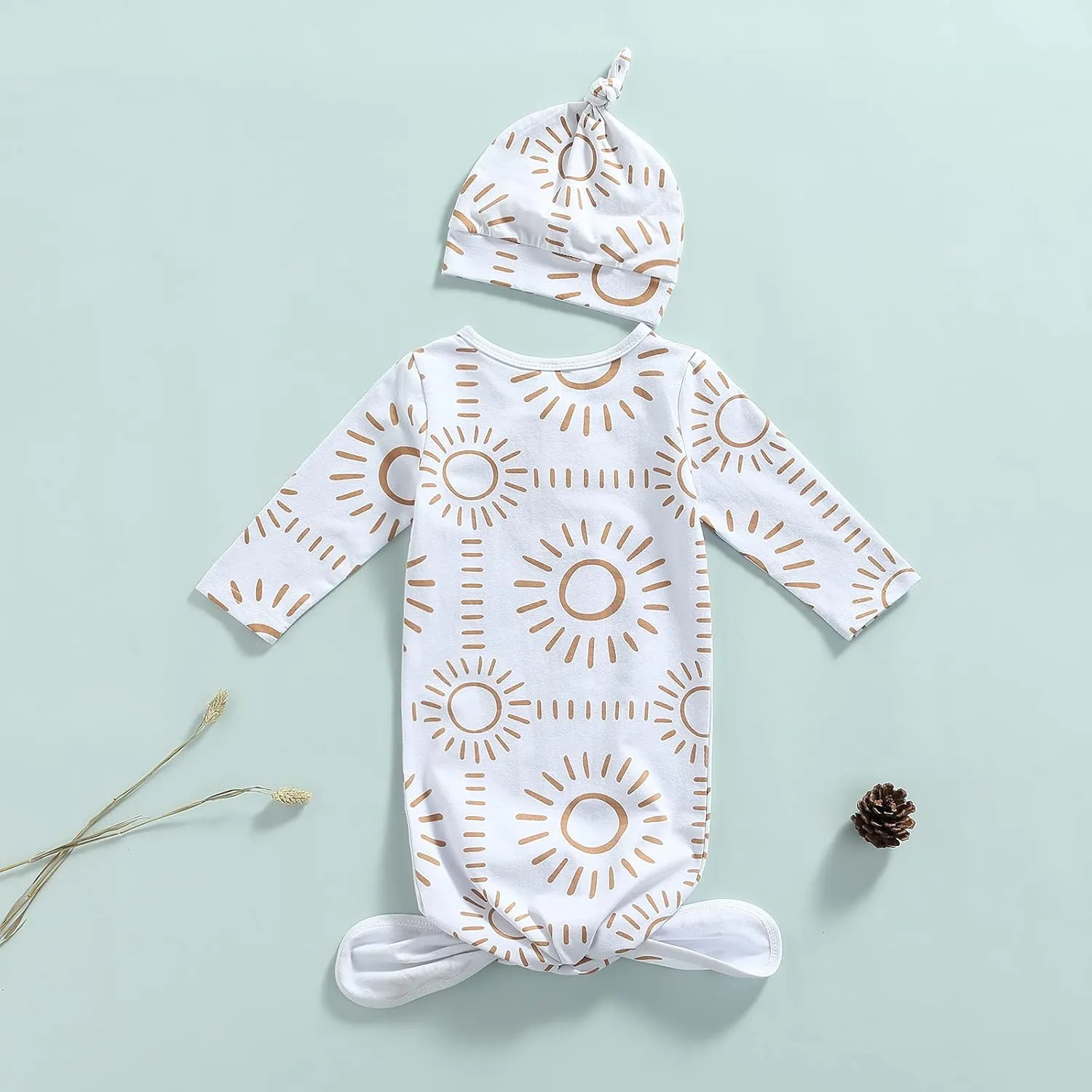 Newborn Baby Boy Girl Knotted Gowns Long Sleeve Printed Sleeping Bag Coming Home Outfit Nightgown Pajamas Hat Set