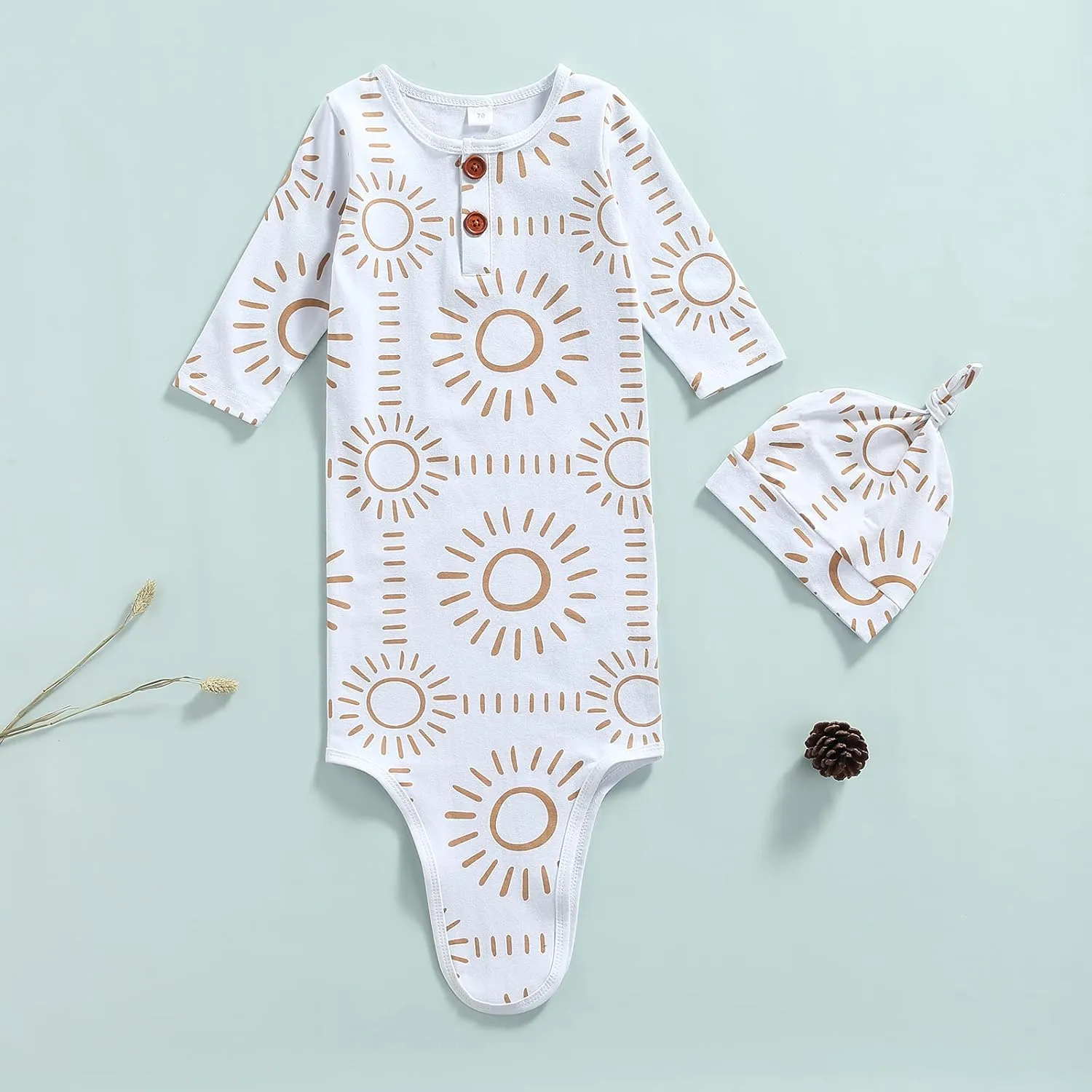 Newborn Baby Boy Girl Knotted Gowns Long Sleeve Printed Sleeping Bag Coming Home Outfit Nightgown Pajamas Hat Set