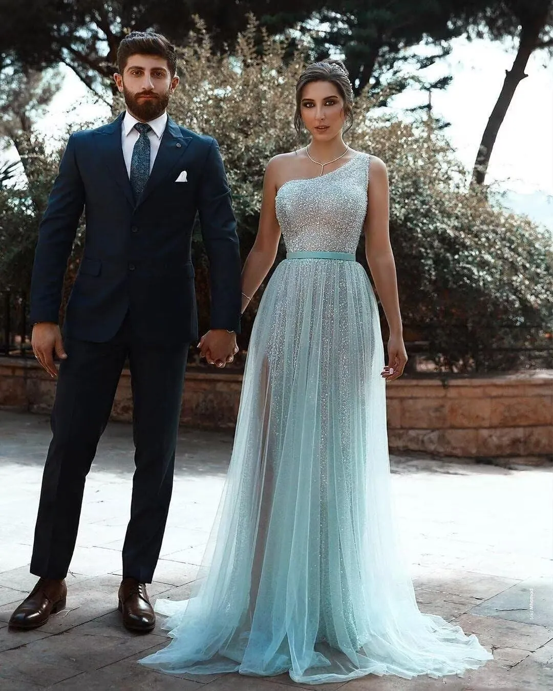 One Shoulder Sequin Long Prom Dresses for Women 2024 Sparkly Tulle High Slit Formal Maxi Evening Dress with Slit