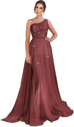 One Shoulder Sequin Long Prom Dresses for Women 2024 Sparkly Tulle High Slit Formal Maxi Evening Dress with Slit