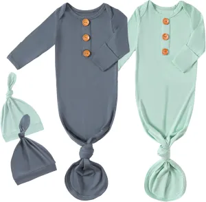 OPAWO Knotted Gown Baby Newborn Sleepers Baby Boy Coming Home Outfit, Bamboo Viscose Baby Gowns with Mitten Cuffs and Hat Set