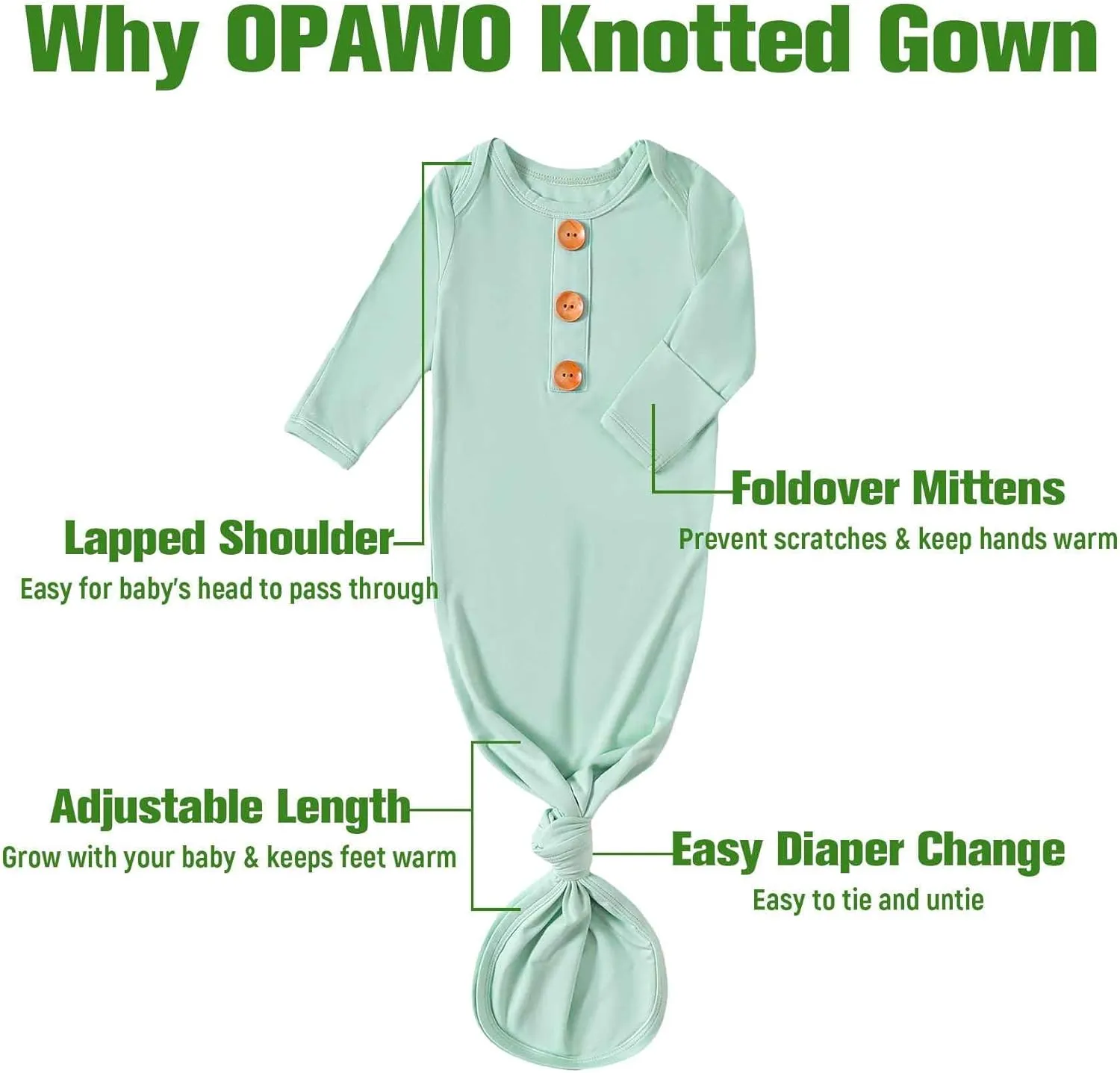 OPAWO Knotted Gown Baby Newborn Sleepers Baby Boy Coming Home Outfit, Bamboo Viscose Baby Gowns with Mitten Cuffs and Hat Set