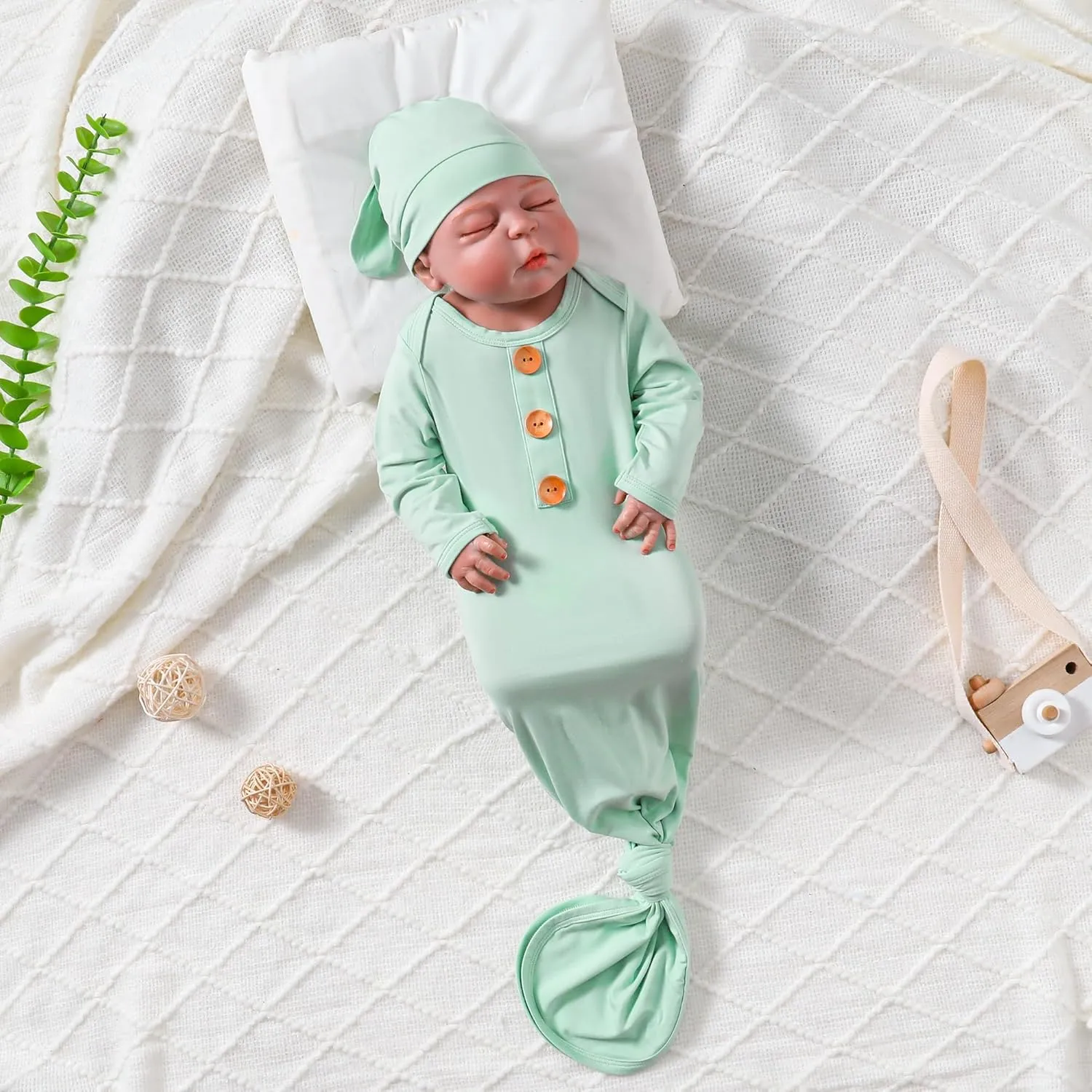 OPAWO Knotted Gown Baby Newborn Sleepers Baby Boy Coming Home Outfit, Bamboo Viscose Baby Gowns with Mitten Cuffs and Hat Set