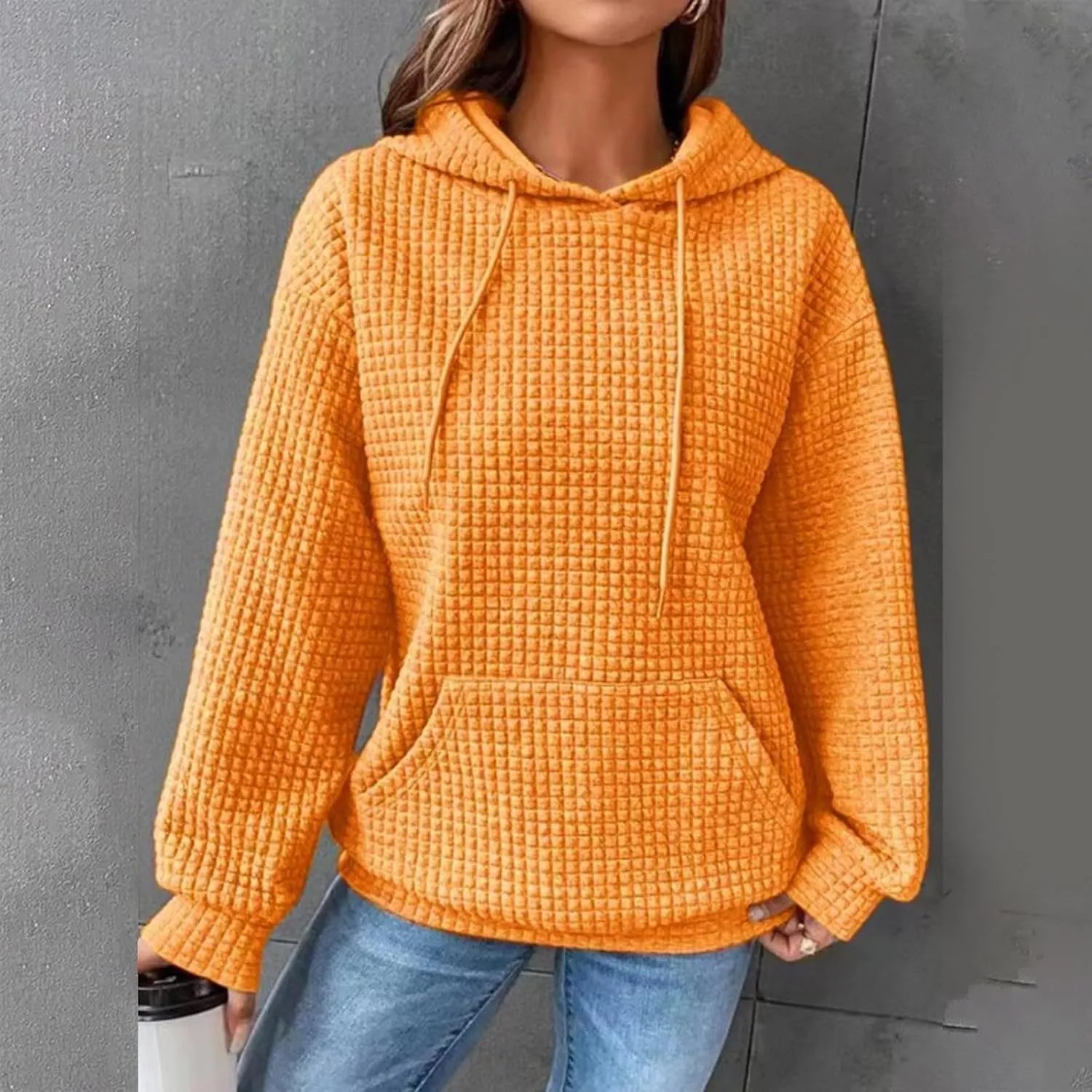 Oversized Hoodies for Women Athleisure Quilted Drawstring Crewneck Sweatshirts Fall Knit Pullover Sweaters with Pocket