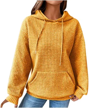 Oversized Hoodies for Women Athleisure Quilted Drawstring Crewneck Sweatshirts Fall Knit Pullover Sweaters with Pocket