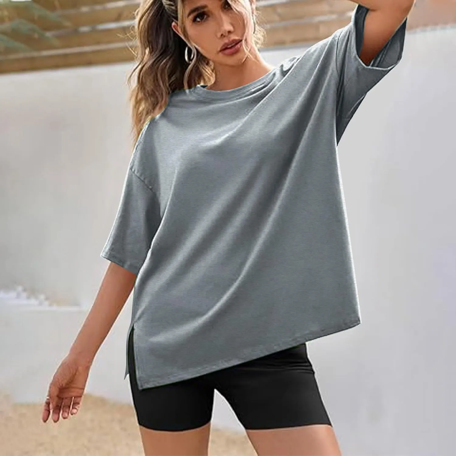 Oversized Tshirts for Women Patchwork Side Slit Summer Tops Crewneck Short Sleeve Shirts Blouses Workout Y2k Clothing