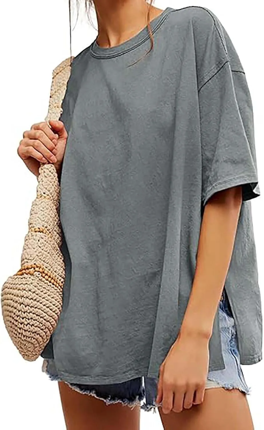 Oversized Tshirts for Women Patchwork Side Slit Summer Tops Crewneck Short Sleeve Shirts Blouses Workout Y2k Clothing