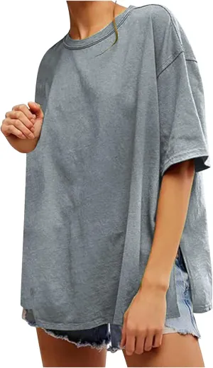 Oversized Tshirts for Women Patchwork Side Slit Summer Tops Crewneck Short Sleeve Shirts Blouses Workout Y2k Clothing