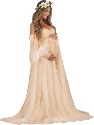 Pearl Tulle Maternity Dress for Photoshoot Long Puffy Sleeve Maternity Photography Gown for Baby Shower Pregnancy Dress