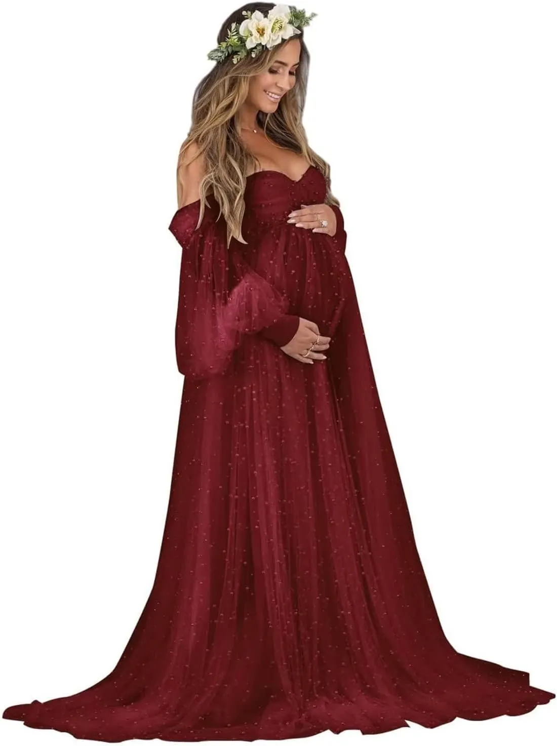 Pearl Tulle Maternity Dress for Photoshoot Long Puffy Sleeve Maternity Photography Gown for Baby Shower Pregnancy Dress