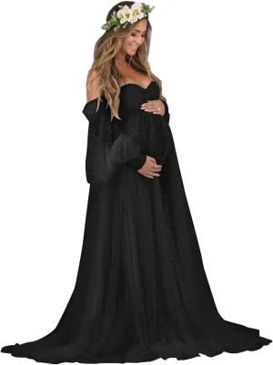 Pearl Tulle Maternity Dress for Photoshoot Long Puffy Sleeve Maternity Photography Gown for Baby Shower Pregnancy Dress