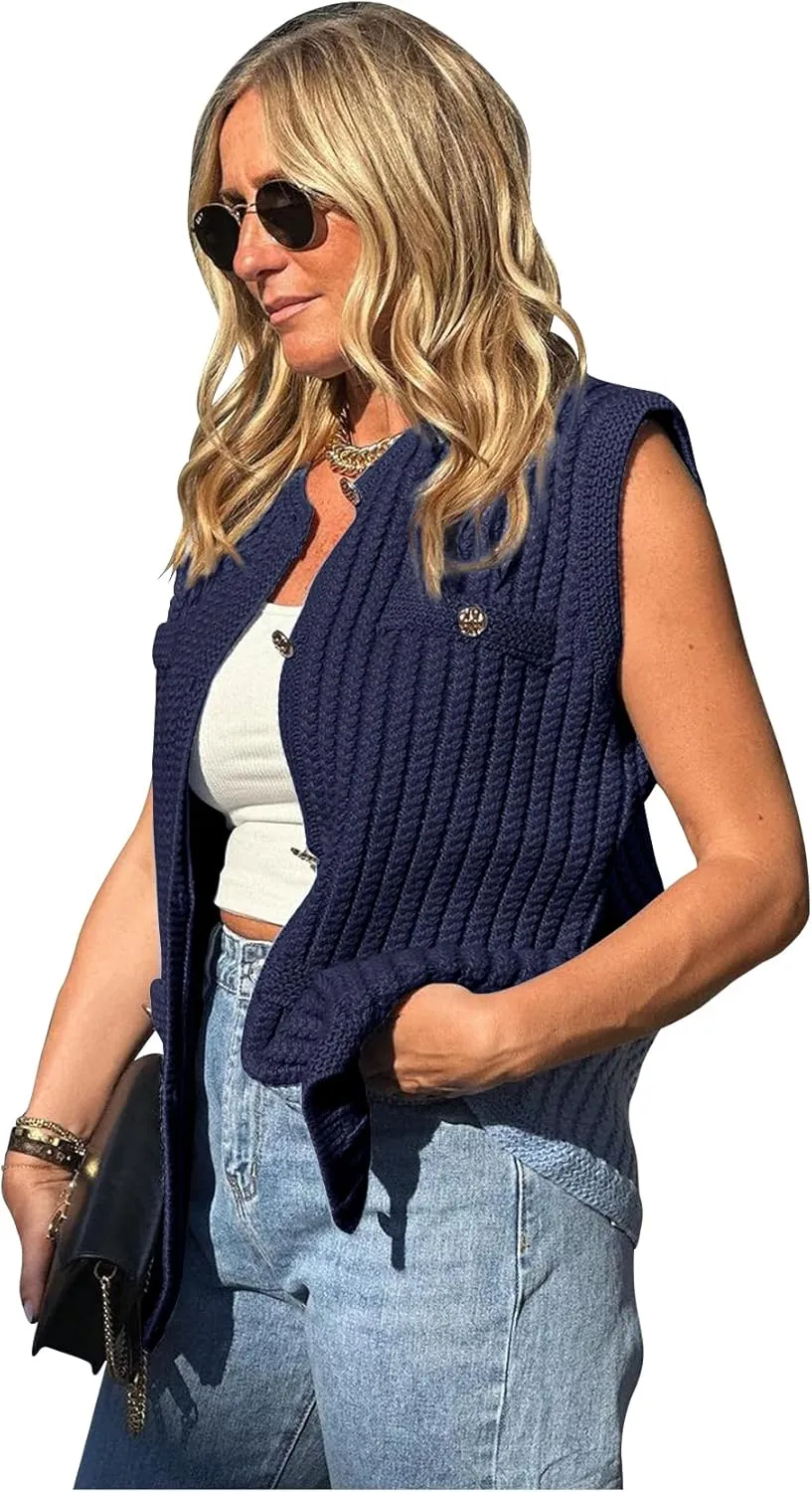 PEHMEA Women's Crochet Chunky Knit Top Sleeveless Button Down Tops Trendy Cardigan Sweater Vest for Women