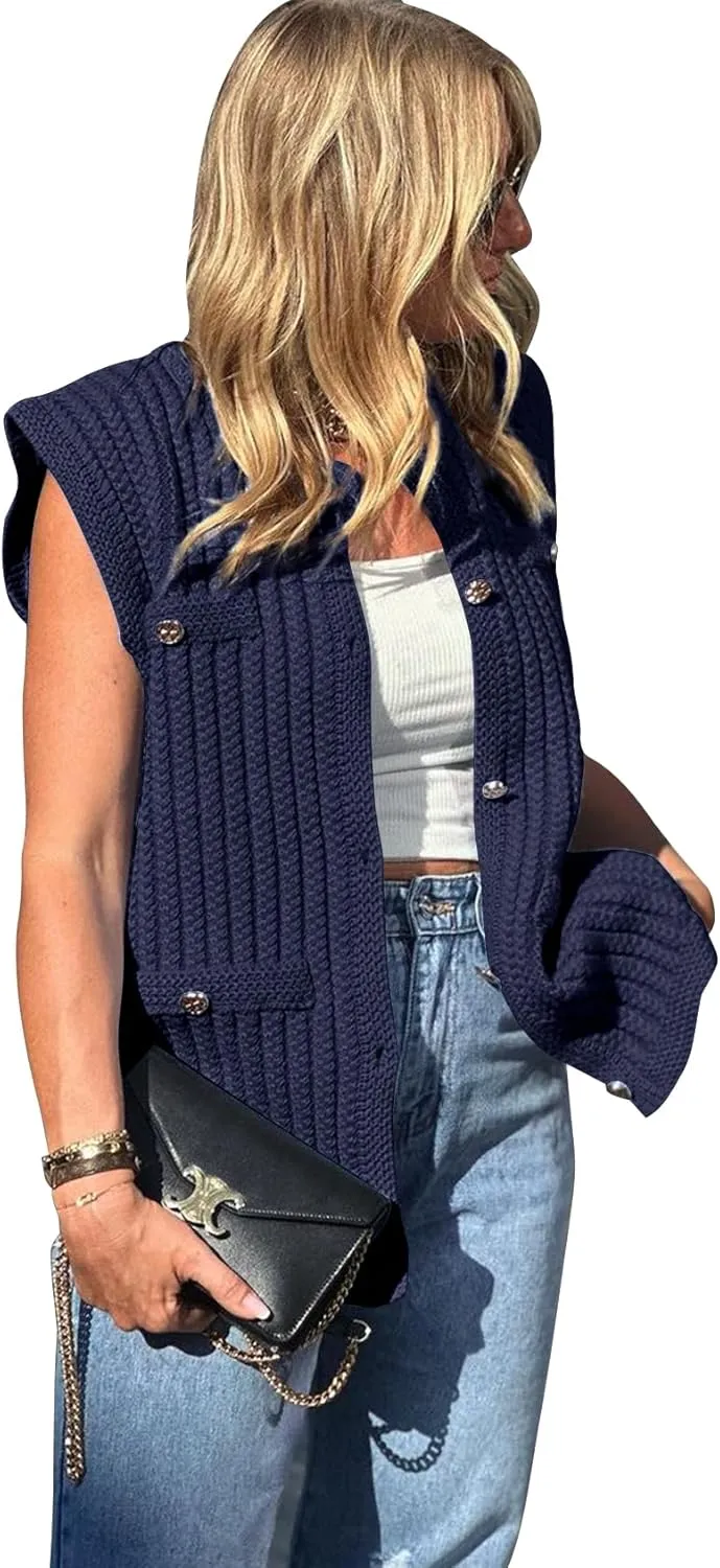 PEHMEA Women's Crochet Chunky Knit Top Sleeveless Button Down Tops Trendy Cardigan Sweater Vest for Women