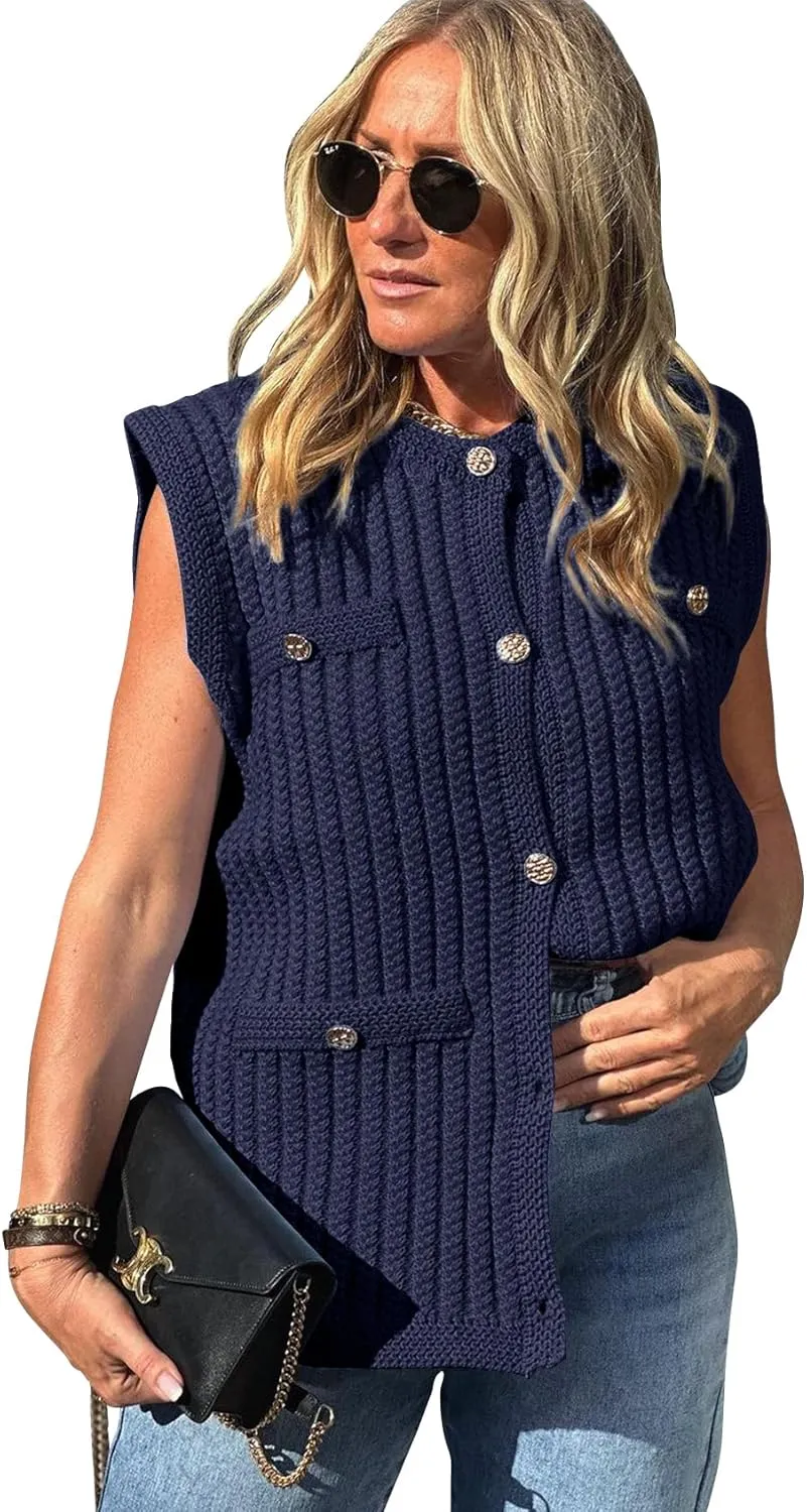 PEHMEA Women's Crochet Chunky Knit Top Sleeveless Button Down Tops Trendy Cardigan Sweater Vest for Women