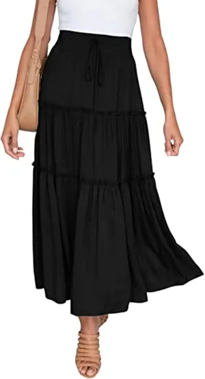 Perbai Womens Boho Elastic High Waist Tiered Ruffle A Line Flowy Long Maxi Skirt