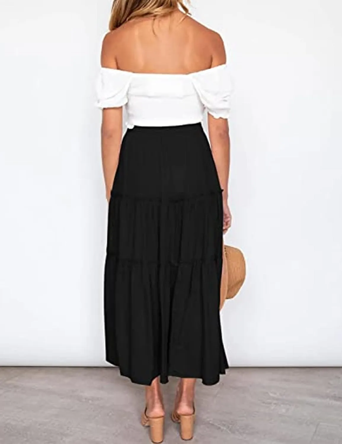 Perbai Womens Boho Elastic High Waist Tiered Ruffle A Line Flowy Long Maxi Skirt