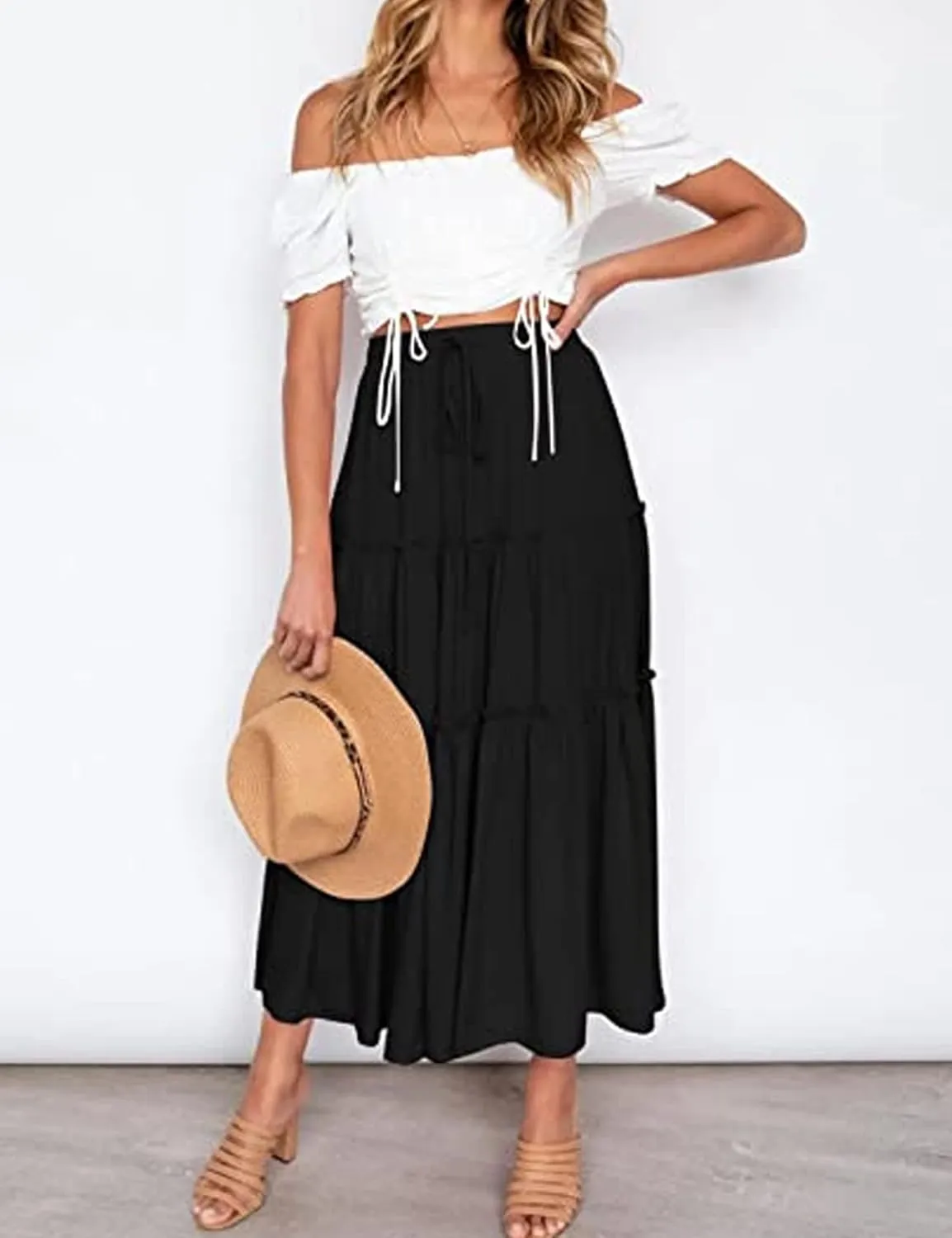 Perbai Womens Boho Elastic High Waist Tiered Ruffle A Line Flowy Long Maxi Skirt