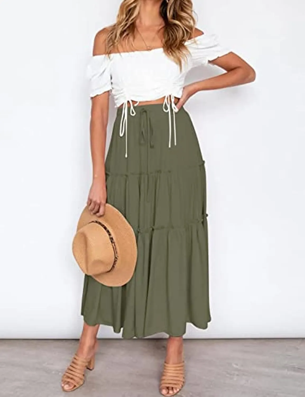 Perbai Womens Boho Elastic High Waist Tiered Ruffle A Line Flowy Long Maxi Skirt