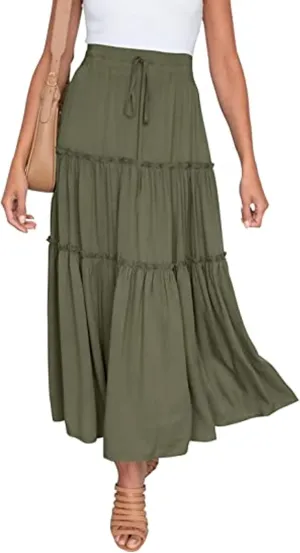 Perbai Womens Boho Elastic High Waist Tiered Ruffle A Line Flowy Long Maxi Skirt