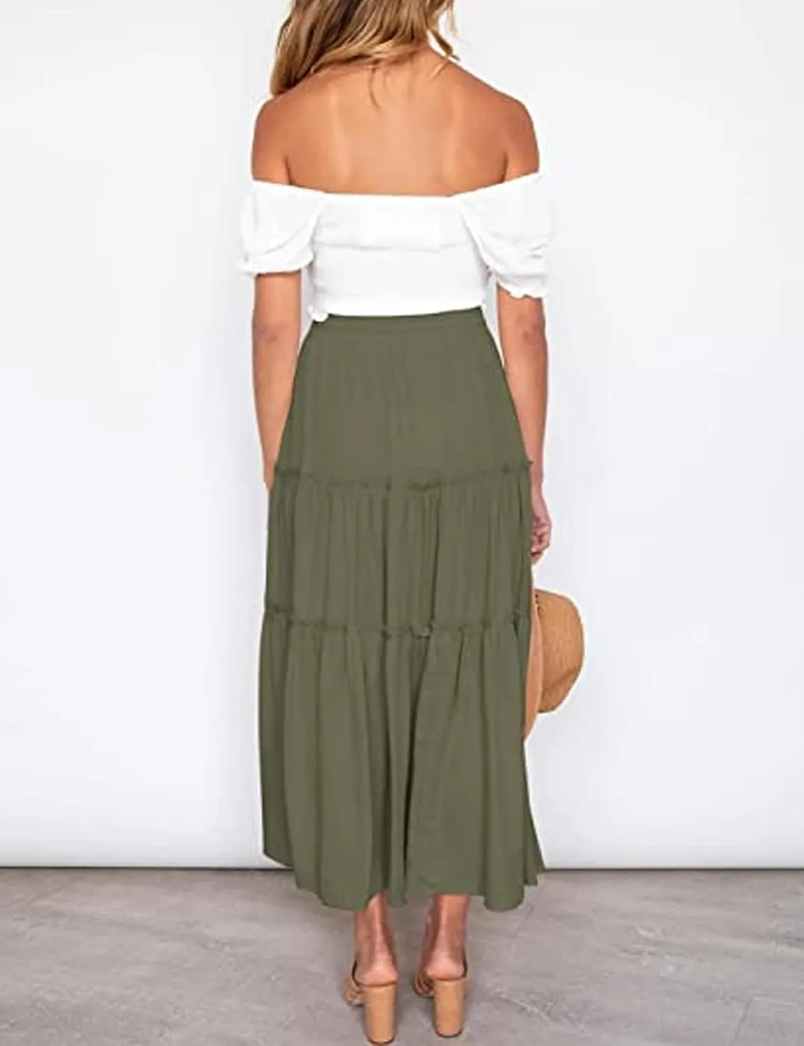 Perbai Womens Boho Elastic High Waist Tiered Ruffle A Line Flowy Long Maxi Skirt