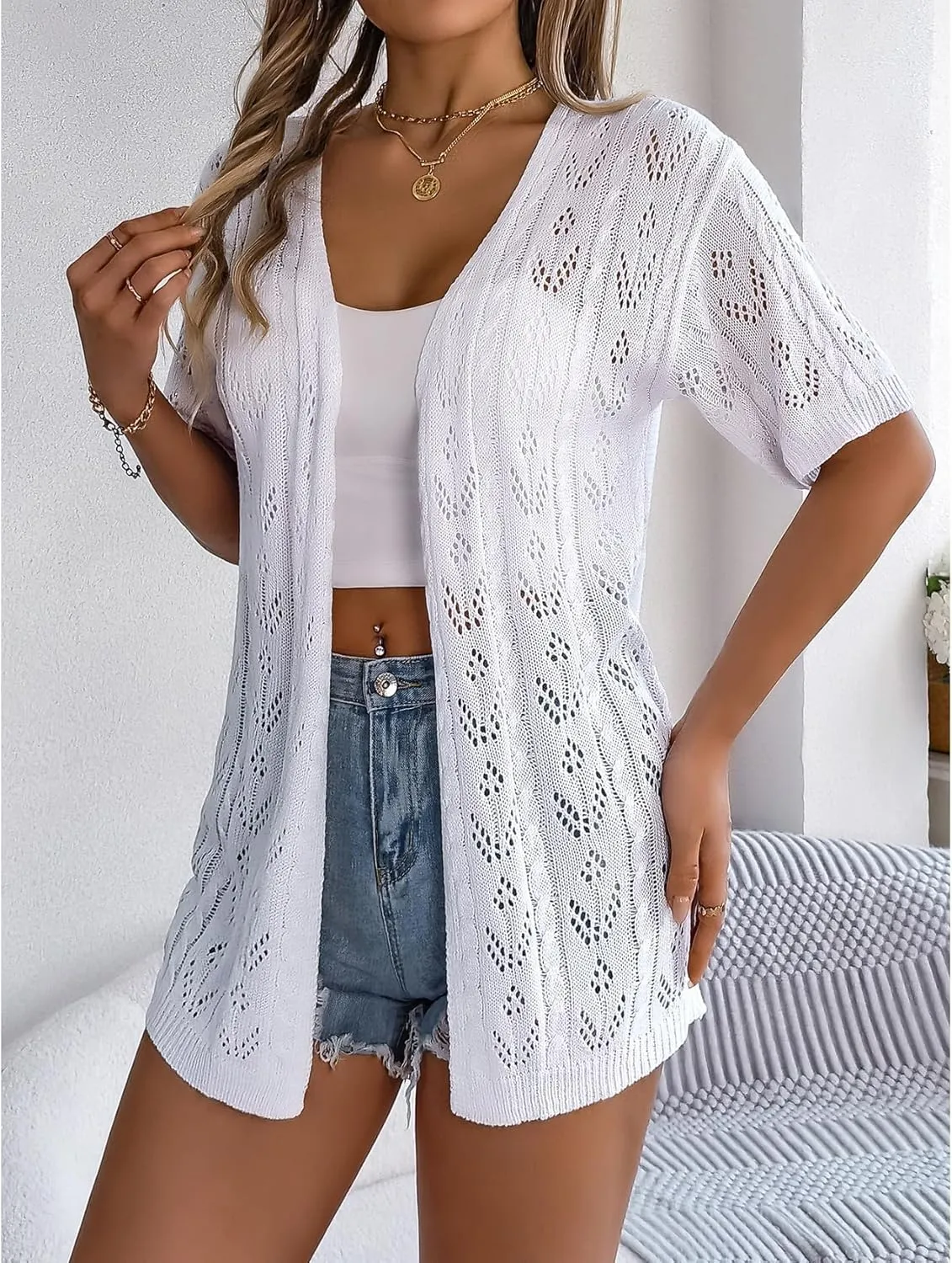 Perbai Womens Lightweight Summer Crochet Cardigan Open Front Short Sleeve Boho Long Knit Kimono Jacket