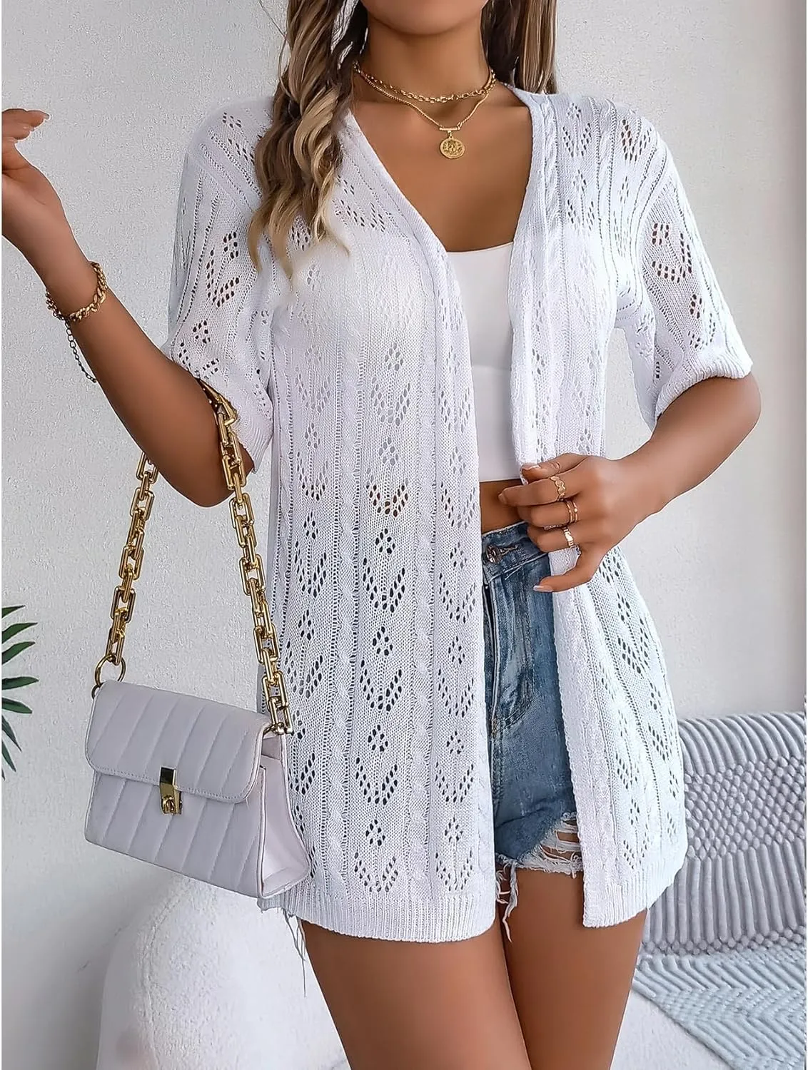 Perbai Womens Lightweight Summer Crochet Cardigan Open Front Short Sleeve Boho Long Knit Kimono Jacket