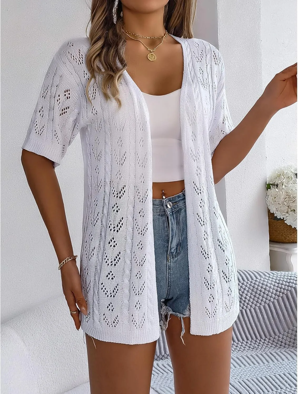 Perbai Womens Lightweight Summer Crochet Cardigan Open Front Short Sleeve Boho Long Knit Kimono Jacket