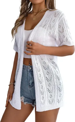 Perbai Womens Lightweight Summer Crochet Cardigan Open Front Short Sleeve Boho Long Knit Kimono Jacket