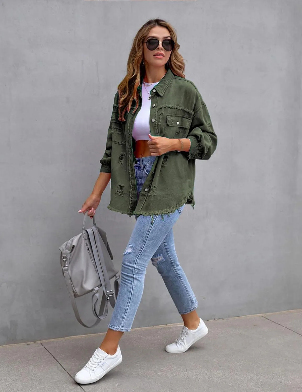 Perbai Womens Oversized Ripped Denim Jacket Frayed Hem Button Front Boyfriend Jean Coat Western Shacket with Pockets
