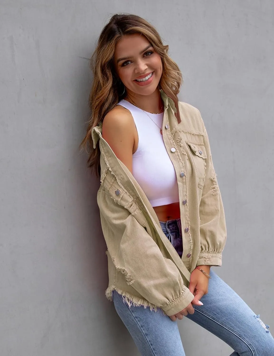 Perbai Womens Oversized Ripped Denim Jacket Frayed Hem Button Front Boyfriend Jean Coat Western Shacket with Pockets