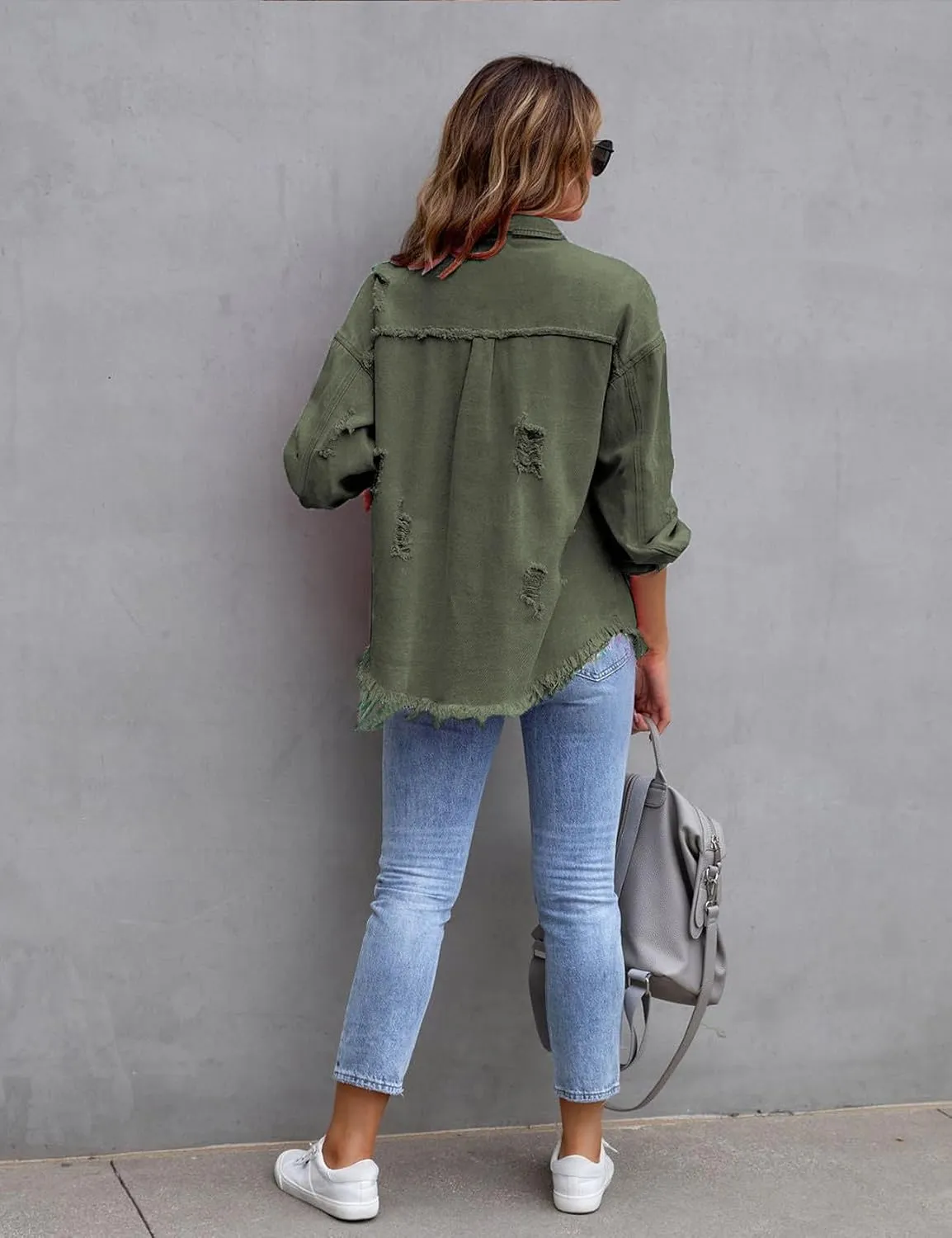 Perbai Womens Oversized Ripped Denim Jacket Frayed Hem Button Front Boyfriend Jean Coat Western Shacket with Pockets