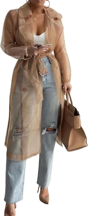 Perbai Womens Sheer Mesh Trench Jacket Lapel Double Breasted Belted Midi Peacoat Outerwear