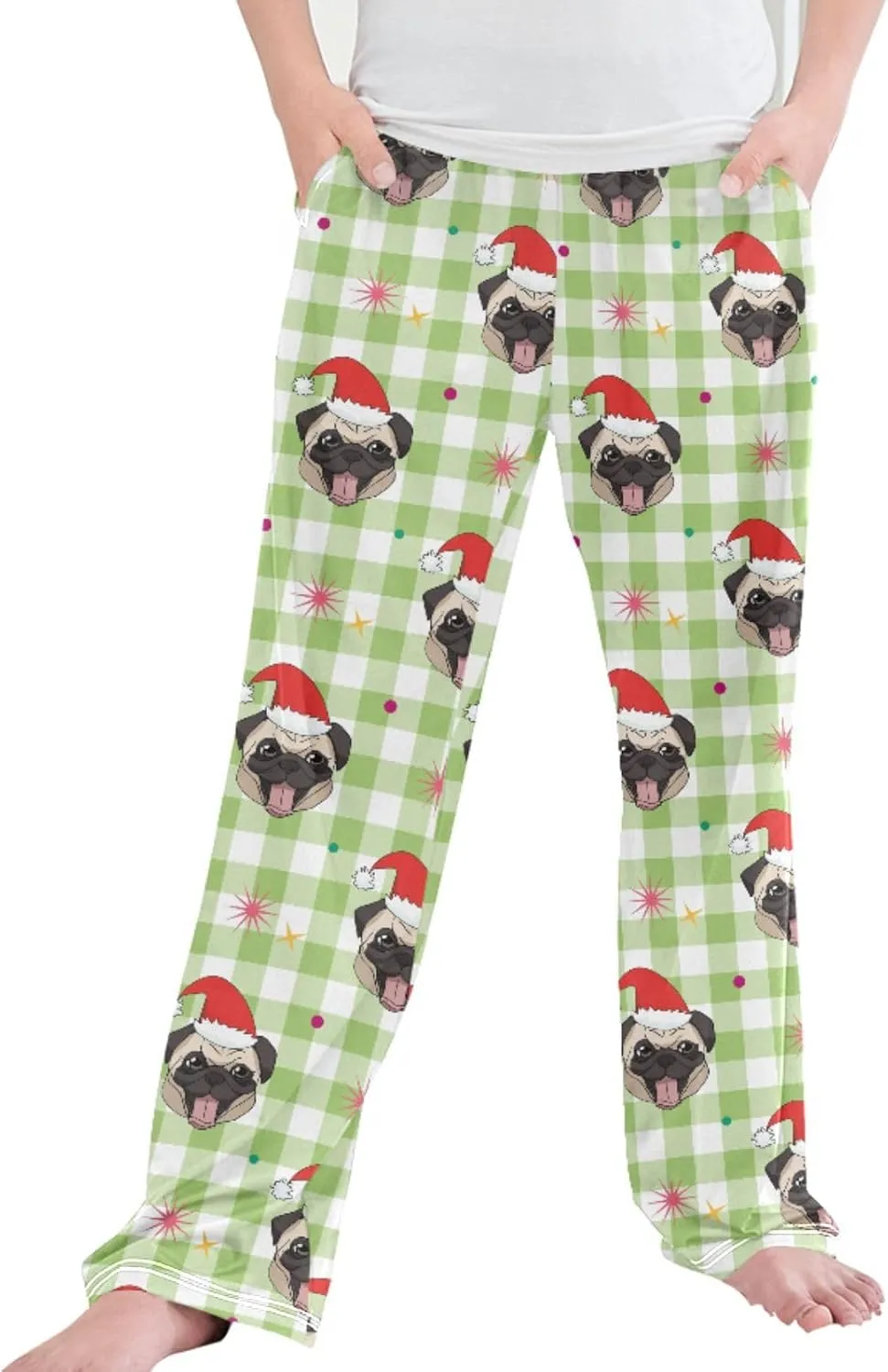 Pigsaly Boys' Pants Cute Pug Heads Plaid Long Bottoms Christmas Hats Stars Jogger Pants Elastic Waist Trousers Pockets S