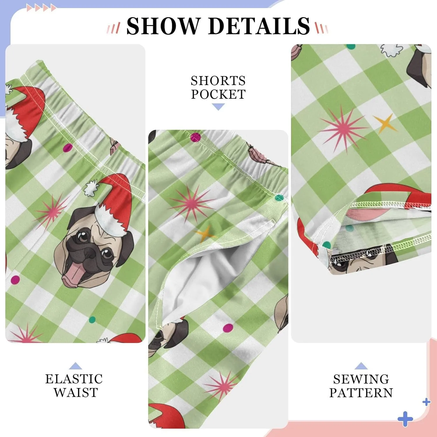 Pigsaly Boys' Pants Cute Pug Heads Plaid Long Bottoms Christmas Hats Stars Jogger Pants Elastic Waist Trousers Pockets S
