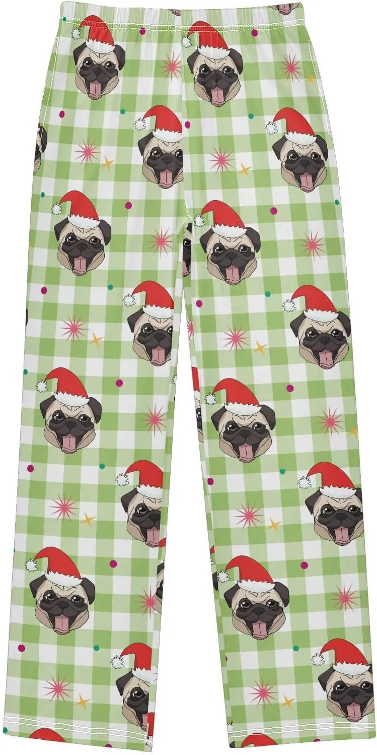 Pigsaly Boys' Pants Cute Pug Heads Plaid Long Bottoms Christmas Hats Stars Jogger Pants Elastic Waist Trousers Pockets S
