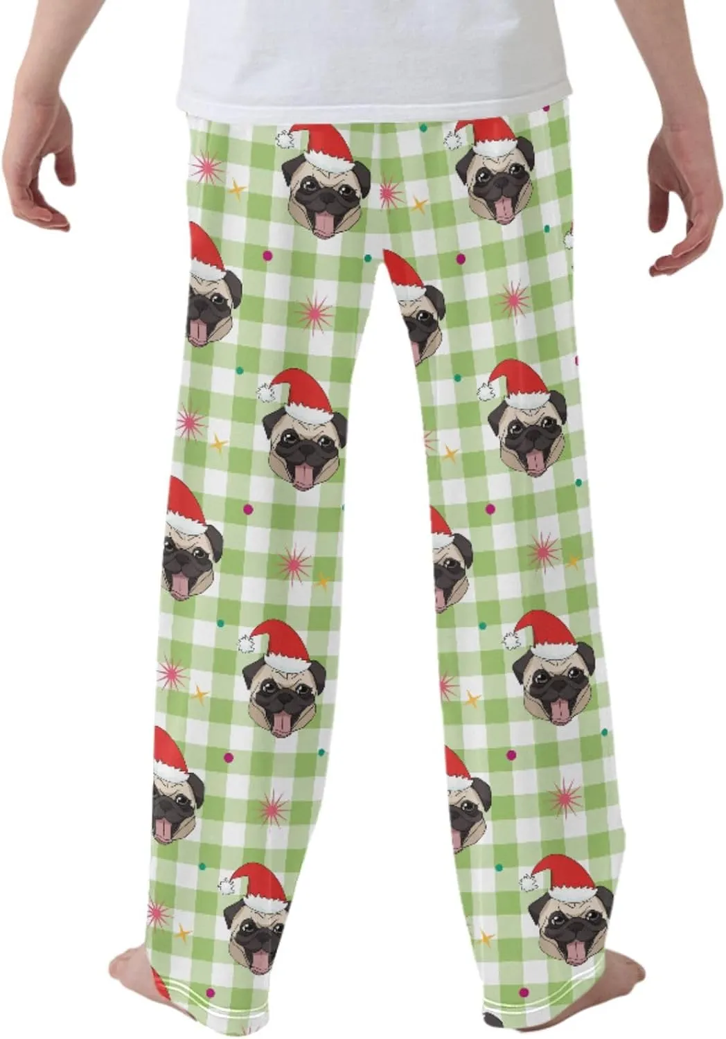 Pigsaly Boys' Pants Cute Pug Heads Plaid Long Bottoms Christmas Hats Stars Jogger Pants Elastic Waist Trousers Pockets S