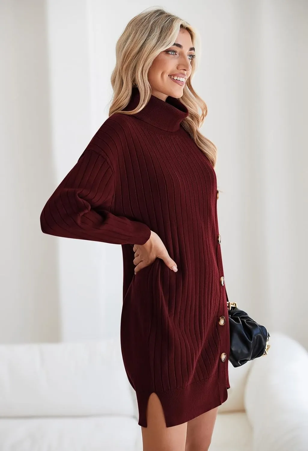 Pink Queen Women's Fall Winter Sweater Dress 2024 Loose Turtleneck Long Sleeve Cocktail Party Ribbed Knit Mini Dress Outfits