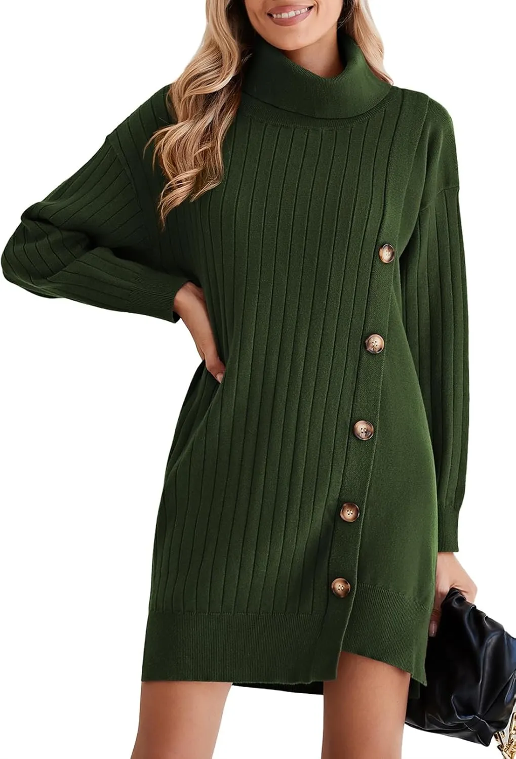 Pink Queen Women's Fall Winter Sweater Dress 2024 Loose Turtleneck Long Sleeve Cocktail Party Ribbed Knit Mini Dress Outfits