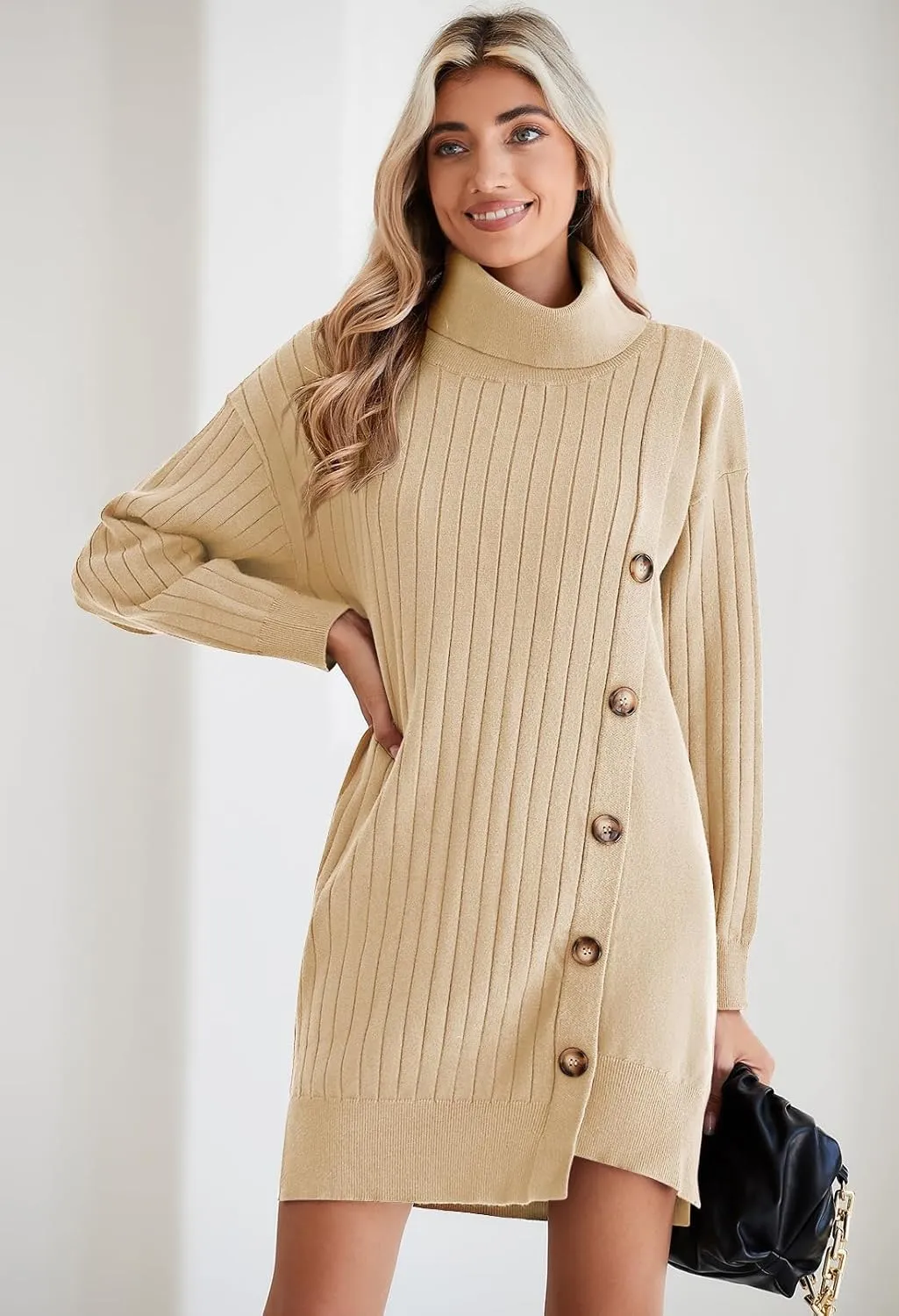 Pink Queen Women's Fall Winter Sweater Dress 2024 Loose Turtleneck Long Sleeve Cocktail Party Ribbed Knit Mini Dress Outfits